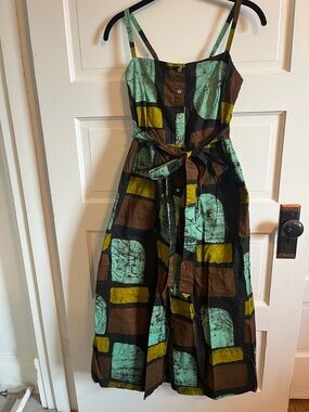 Patterned Square-Print Midi Jumpsuit in Teal, Brown & Yellow